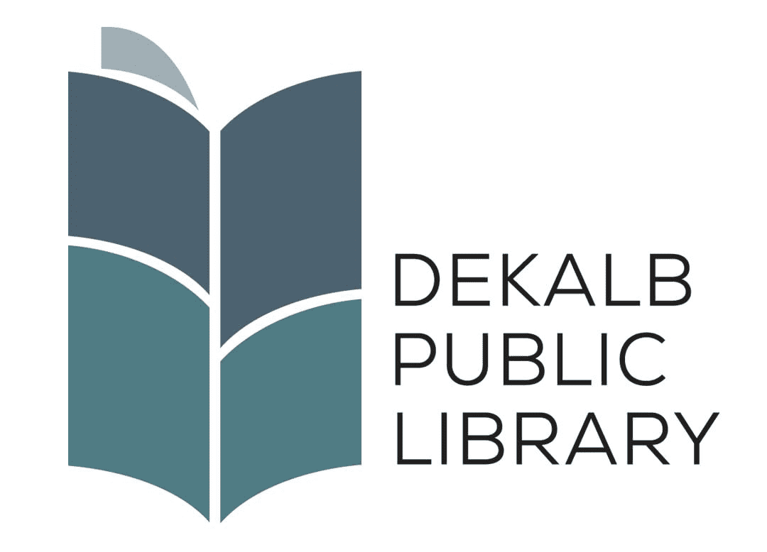 Dekalb Public Library logo with open book design.